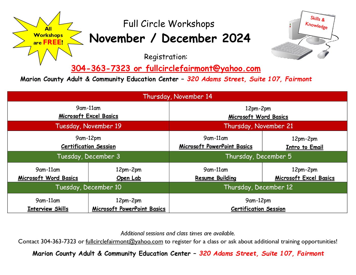 Full Circle Workshops for November & December 2024