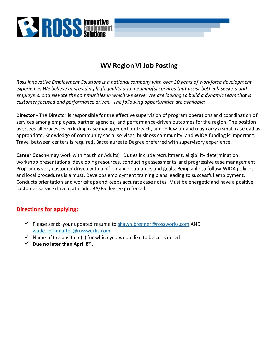 Job Posting with ROSS Innovative Employment Solutions